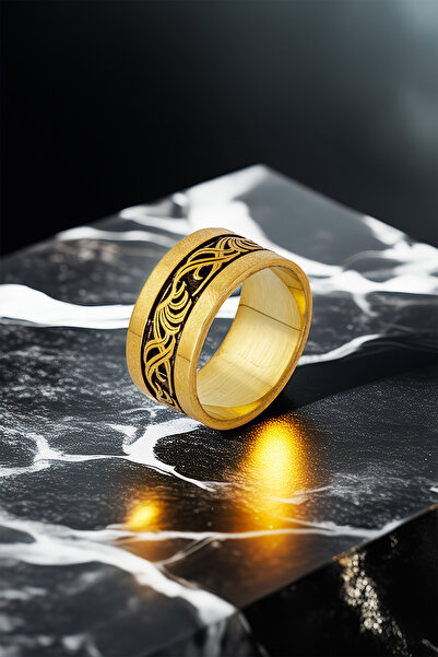 OSMANLI GÜMÜŞ Erkek Kadın Gümüş Alyans - Altın Kaplama Ortası Desenli Şerit S...