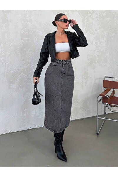 Dema Pamuklu Yüksek Bel Gri Bilek Boy Etek