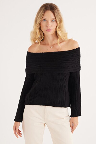 Tudors Kadın Regular Fit Klasik Kesim Uzun Kollu Omzu Açık Siyah Kazak