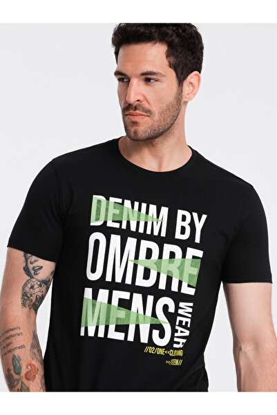 OMBRE Herren Baumwoll-T-Shirt mit großer Aufschrift - schwarz V2 OM-TSPT-0193...