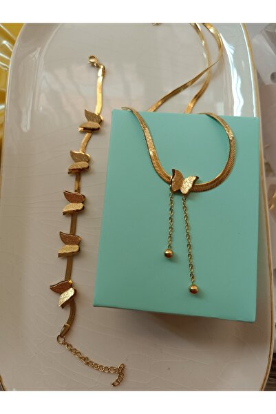 Kudi Italian Chain Silvery Butterfly Steel Necklace Bracelet Set