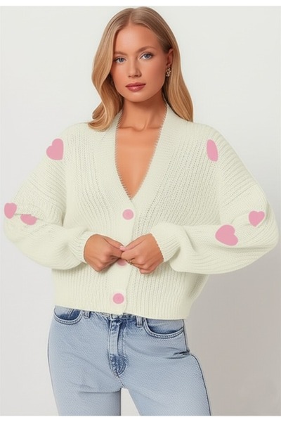 FLEX FASHION Women's Oversize Bow Detailed Ribbon Soft Knitwear Cardigan Cream