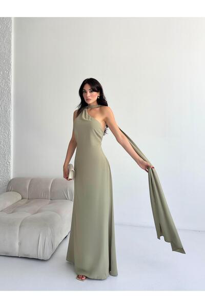 Serica Moda Φόρεμα με έναν ώμο με λεπτομέρεια από χακί μαντήλι