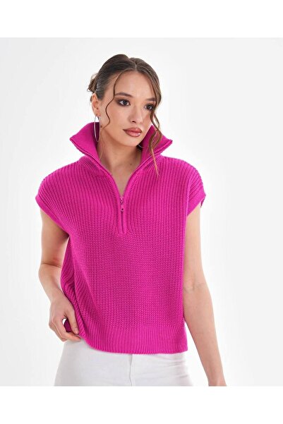 369 etnik butik Half Sleeve Zipper Half Turtleneck Knitwear Women's Blouse