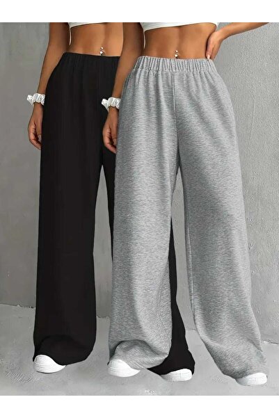 Le Vion Pantaloni de trening largi pentru femei, 2 piese, negru-gri, pentru t...