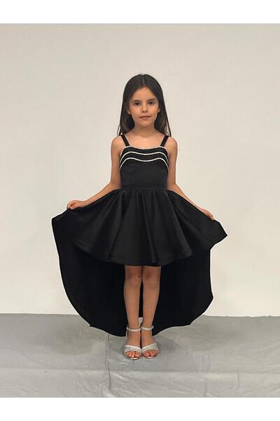 BUTİKHAPPYKİDS Girl's Evening Dress Black Satin Tail Collar Ribbon Stone Evening Dress 5-10 Years Old