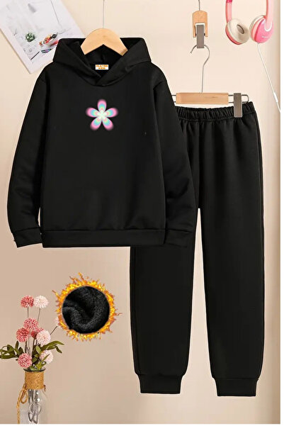 VİBES Children's Black Tracksuit Set-Flower Printed-Embossed Fabric