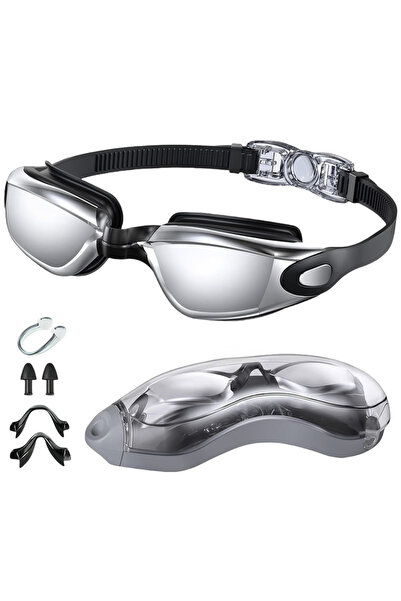 Choice نظارات سباحة من السيليكون قابلة للتعديل بعدسات سوداء فضية مضادة للضباب...