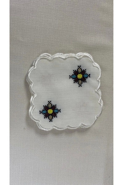 NİVEMESHOME Kanavi̇çe Embroidered Square (6 Pcs) Linen Cocktail Servette Coffee so Presentation
