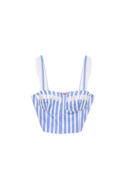 OllaCollection Quzu Brode Detaylı Crop Bluz Mavi