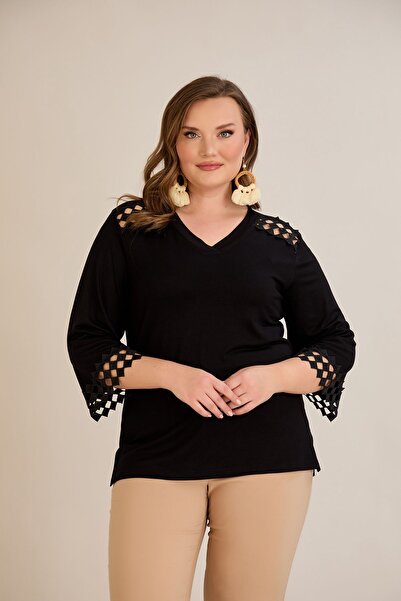 Great Fast Women's Plus Size Ponci Shoulder and Sleeve Tip Laser Cut Honeycomb Shape Stylish V-Neck Black Blouse