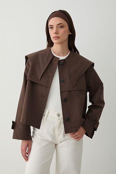 Laluvia Καφέ Sakura Φαρδύ γιακά Κοντό Trench Coat - 7530