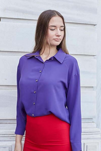 Jument Γυναικείο πουκάμισο με μακρύ μανίκι χωρίς λύκρα ύφασμα με γιακά-μωβ