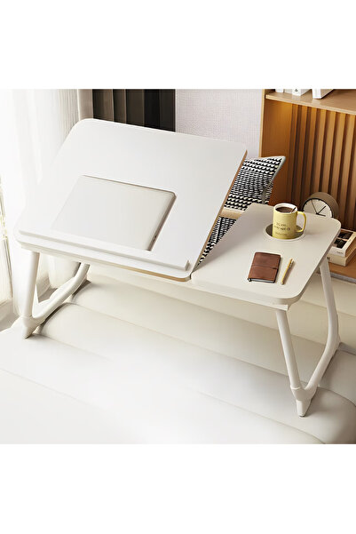 Herum Skládací stolek na notebook, s nastavitelným sklonem, držák na nápoje, Herum, bílý, 60 x 32 x 25 cm