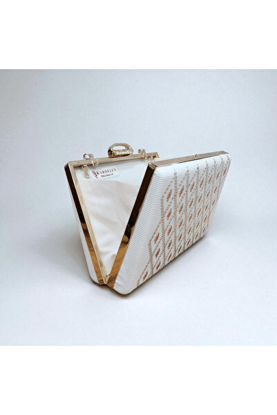 Telli Art Wire Breaking Evening Dress Bag – White, Gold Detailed, Chain, 15×22 cm