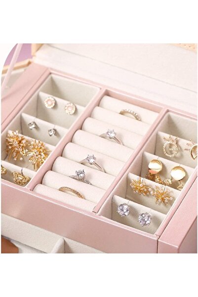 Arzu Güzel Cosmetics Pu Leather Finish Multi Compartment Jewelry Box Organizer with Drawer Lock Mirror Design