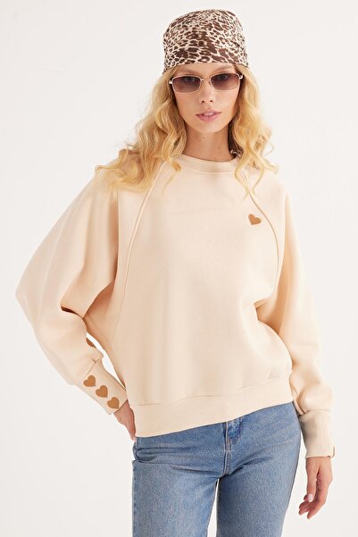 Tudors Kadın Regular Fit Klasik Kesim %100 Pamuk Baskılı Bisiklet Yaka Bej Sweatshirt