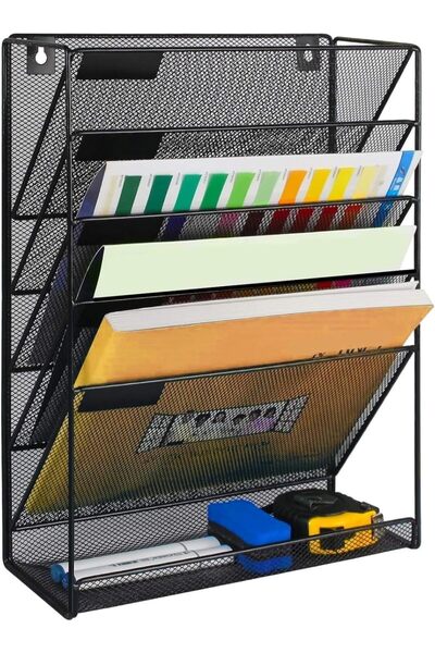 genernic منظم ملفات شبكي لسطح المكتب بخمس طبقات، حامل مستندات قابل للتثبيت على الحائط مع صينية للمكتب والمنزل