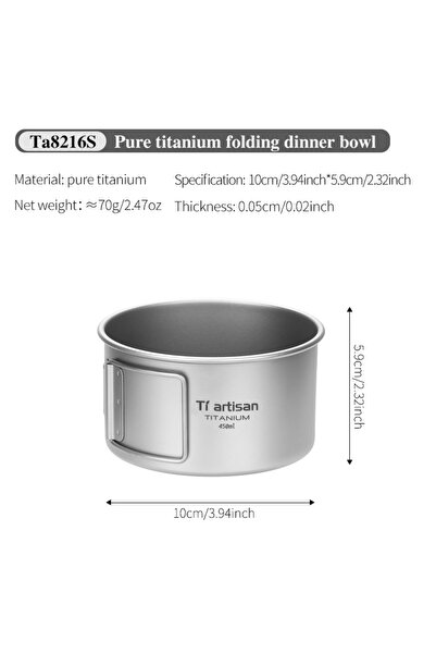 choice2 Ta8216S Tiartisan Pure Titanium Camping Bowl Foladble Handle Food Sou...