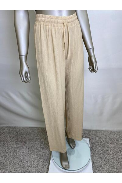owwon Women's Beige Seersucker Palazzo Trousers with Elastic Waist
