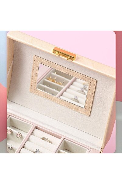 Arzu Güzel Cosmetics Pu Leather Finish Multi Compartment Jewelry Box Organizer with Drawer Lock Mirror Design