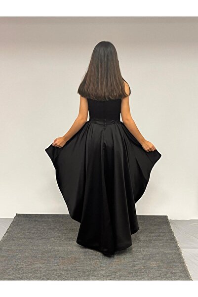 BUTİKHAPPYKİDS Rochie de seară pentru fete, satin negru, guler asimetric, snur de piatră, detaliu, curea în față, rochie de seară cu trenă scurtă