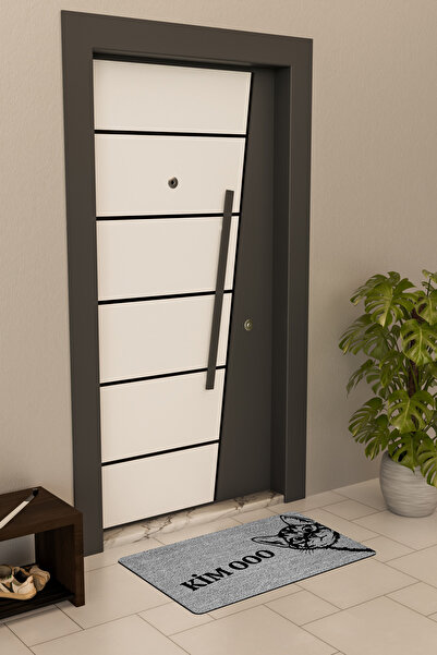 Dormot Yüksek Kaliteli Dijital Baskı Gri, Kim OO Kedi temalı Kapı Önü Paspası