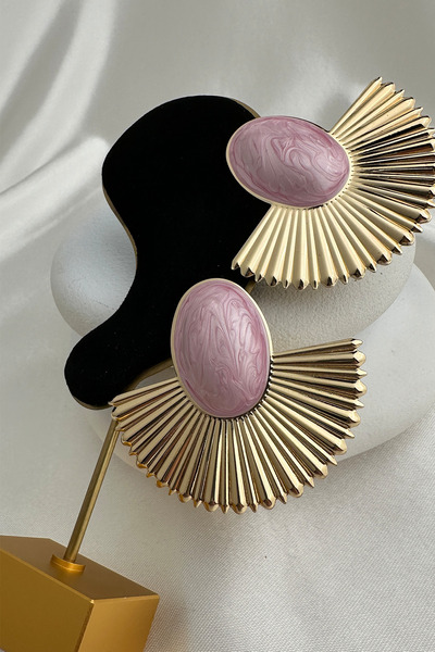 Modex Gold Color Pearlescent Enamel Fan Oval Stone Stud Earrings (6Cm*5Cm)