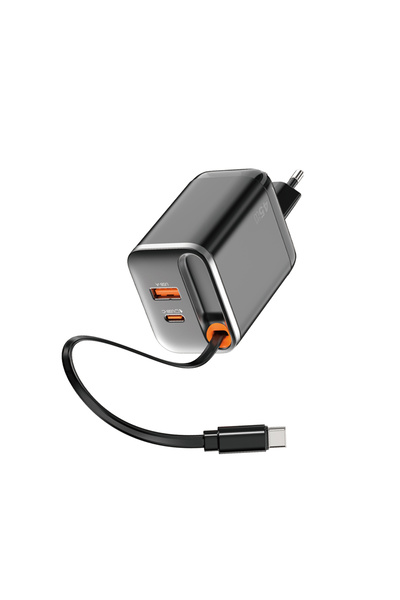 WIWU Wi-G021 Helix Serisi GaN Teknolojili USB-A to Type-C PD 45W Type-C Kablolu Şarj Seti Siyah