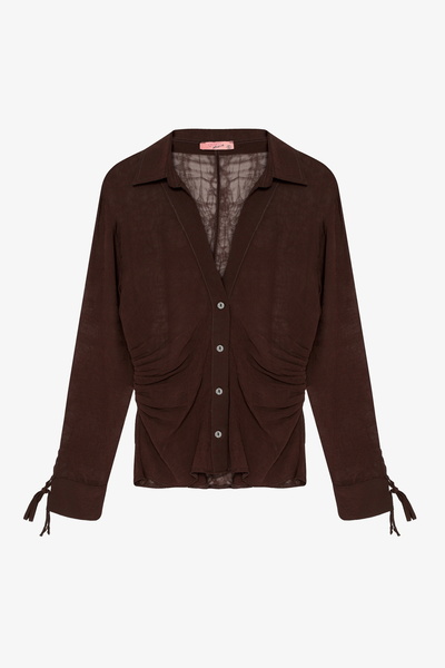 Quzu Shirred Lace Detailed Transparent Shirt Brown