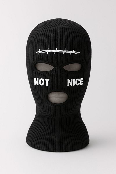 Belifanti Collection Barbed Wire Note Nice Embroidered Knitted Unisex Balaclava Black