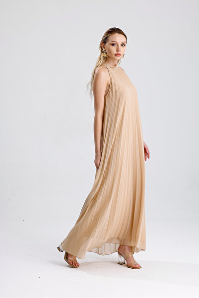 Sense Astarlı Piliseli Uzun Abiye Şifon Elbise | ELB3512 Bej