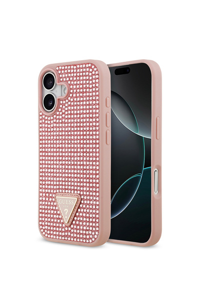 Guess iPhone 17 Uyumlu Kılıf Orjinal Lisanslı Taşlı Arka Yüzey Üçgen Logolu Kapak Pembe