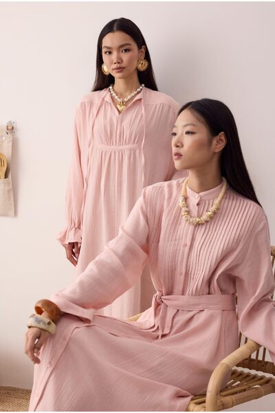 HEQA Muslin Ribbed Dress Pink