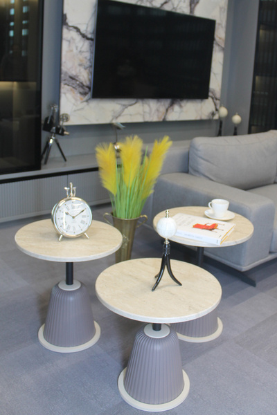 DECORAMİS Milano Zigon Sehpa Traverten Mdf - Zigon Sehpa 3'lü