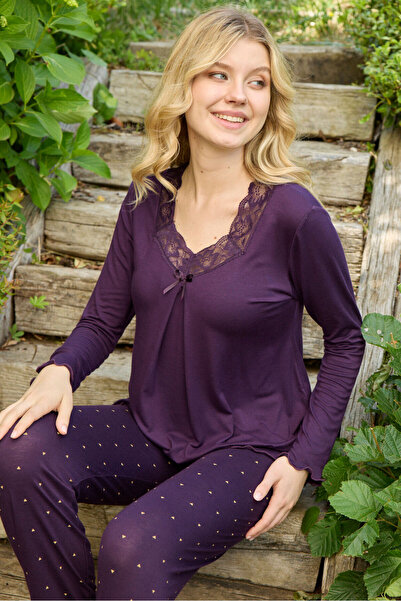 Miss Meryem Mor Ring Viskon Dantel Detaylı Uzun Kol Pijama Takım