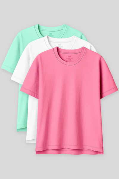 TOMMY LIFE Oversize Fit Basic O Neck 3 Pack Water Green-White-Candy Pink Women's T-Shirt 97285