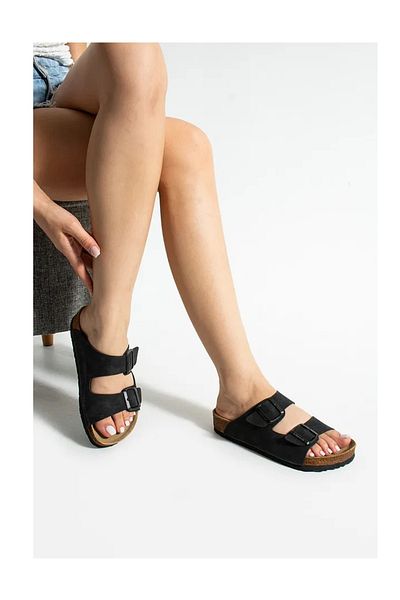 Doreva Black Flexible Double Buckle Faux Leather Comfortable Daily Women's Slippers