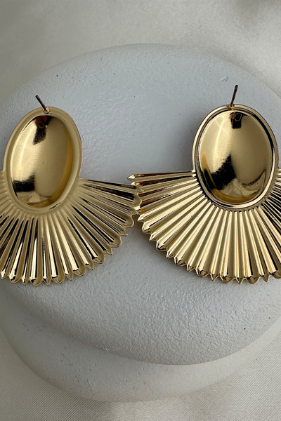 Modex Gold Color Pearlescent Enamel Fan Oval Stone Stud Earrings (6Cm*5Cm)