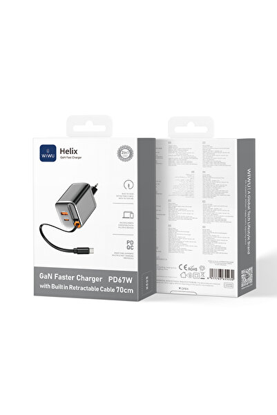 WIWU Wi-G020 Helix Serisi GaN Teknolojili USB-A to Type-C PD 65W Type-C Kablolu Şarj Seti Siyah
