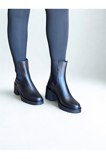 NE&VE SHOES Siyah Deri İki Yandan Lastikli Kadın Kalın Topuklu Chelsea Bot