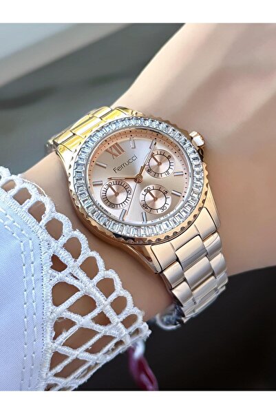 Ferrucci Women's Watch Rose Metal Cord Pink Stone Function Dial