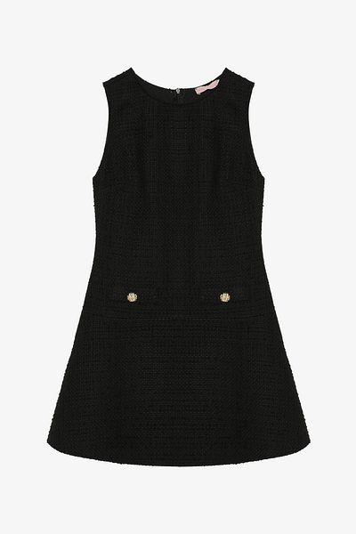 Quzu Pocket Detailed Round Neck Tweed Mini Dress Black