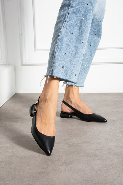 Güllü Shoes Black Vegan Slingback Ballerinas – Pointed Toe, Low Heel, Adjustable Buckle Strap
