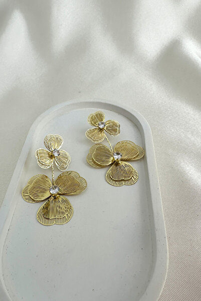 Modex Wire Dot Single Stone Detail Clover Dangle Stud Earrings (6cm)