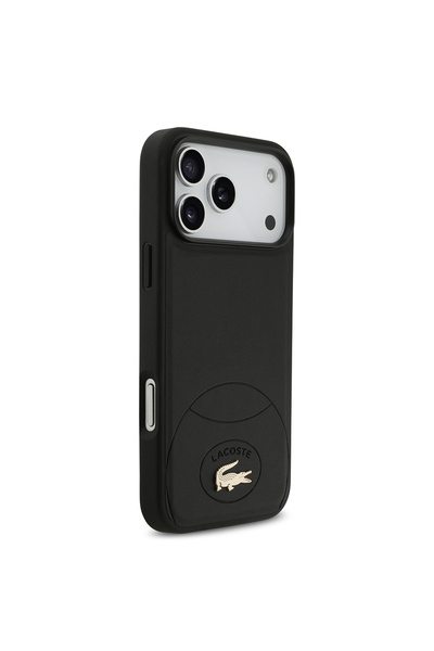 Lacoste iPhone 17 Pro Max Uyumlu Kılıf Lisanslı M-safe Şarjlı PU Deri Metal Logolu Kapak Siyah