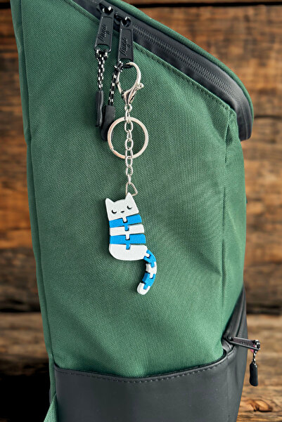 Lusida Design Flexible Articulated Blue Keychain Bag and Pen Holder Ornament with Cat Figure