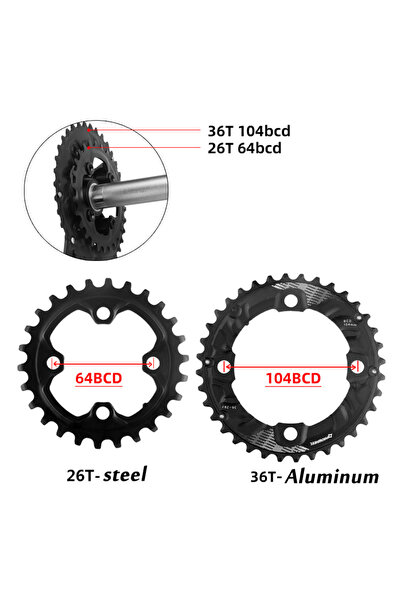 Choice 26T و36T PROWHEEL MTB 64/104BCD حلقة سلسلة مزدوجة 2*10/11 سرعة حلقة سل...