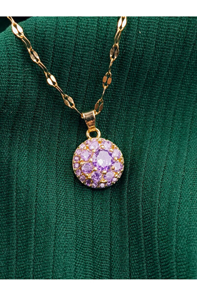 Zeysteel Mor Taşlı Dorika Model Kolye, Döner Çarklı Altın Renk Kadın Çelik Kolye