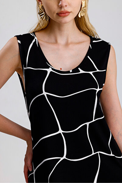 Sense Sleeveless Printed Midi Viscose Dress | Elb35852 Black Ecru Square Pattern